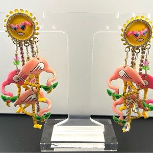 Rare Vintage Lunch at the Ritz Pink and Yellow Flamingo/Sun Clip Earrings